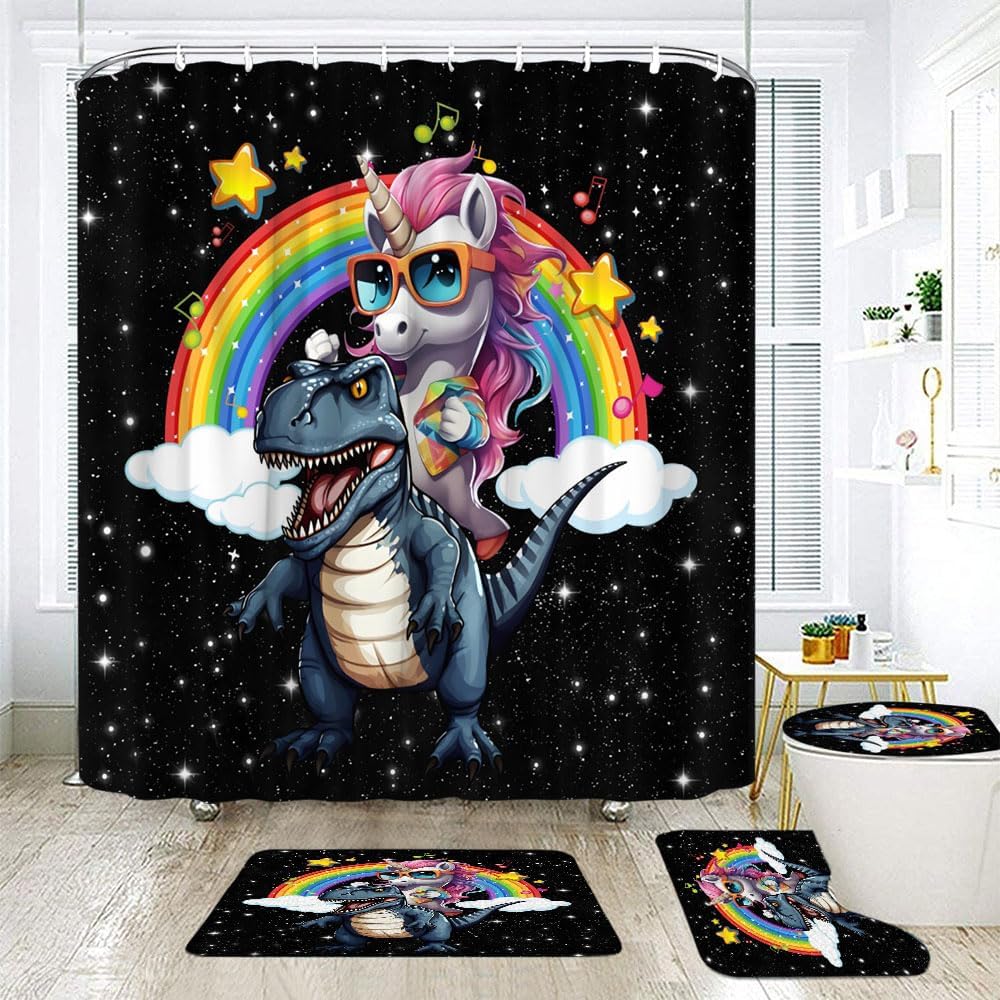 4 Pcs Shower Curtain Set for Bathroom Cute Unicorn Riding Dinosaur Funny Cartoon Animal Fantasy Colorful Rainbow Cloud Planet Fabric Shower Curtains Toilet Lid Cover and Bath Mat Bathroom Decor