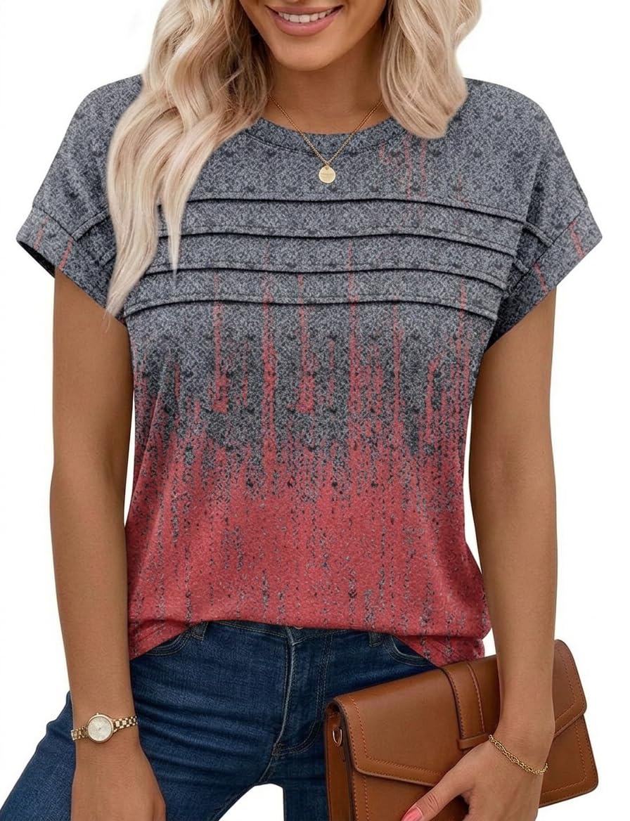 Chicrise Tshirts Women UK Cap Sleeve Crew Neck Pleated Vest Tops Basic Solid Color Loose Blouses Red Gray Graffiti X Large 20-22