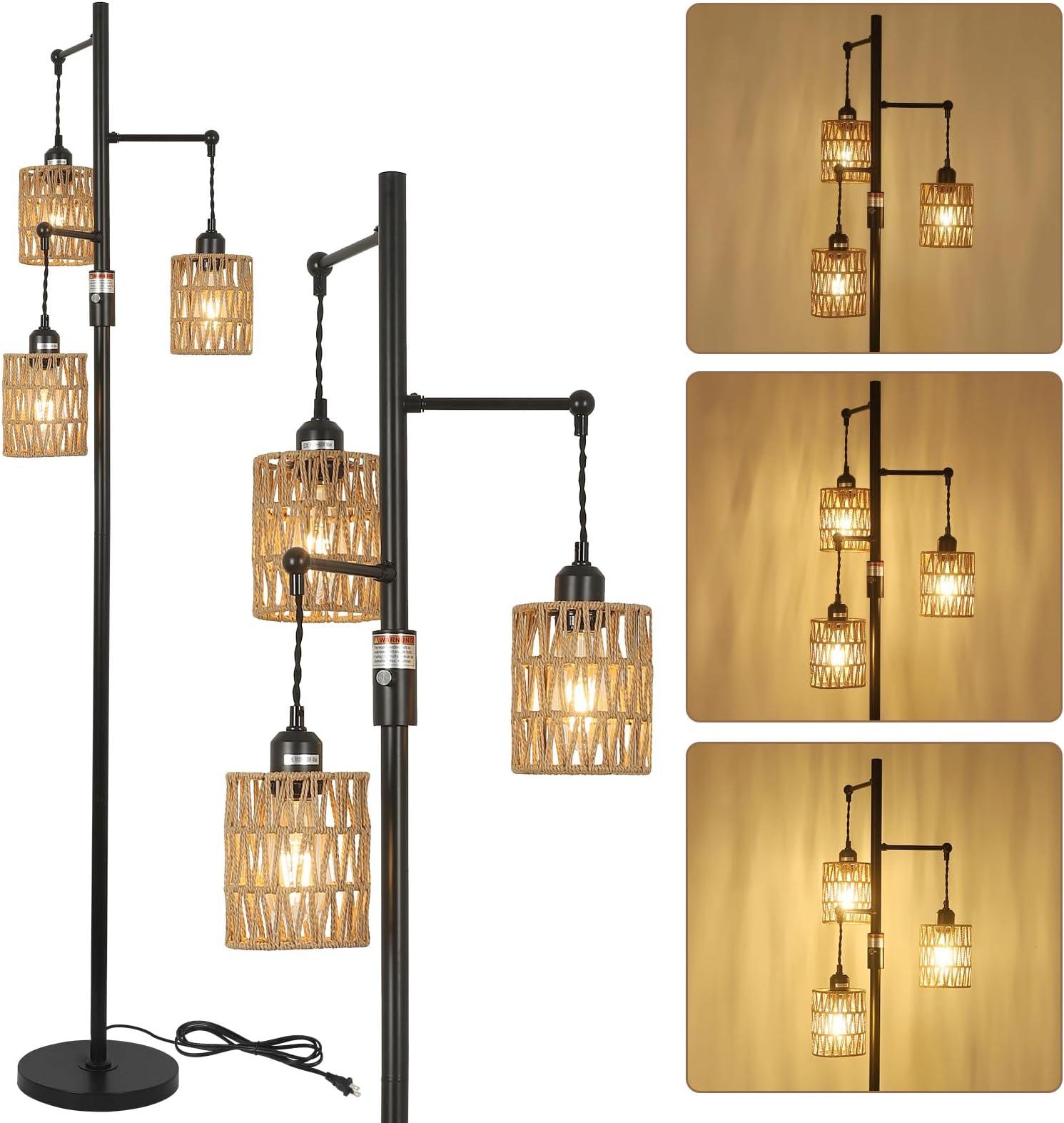 Dimmable Rattan Floor Lamp, 3-Lights Boho Lamp with Stepless Dimmer, Industrial Lamps for Living Room, Tall Tree Shades, Farmhouse Standing Bedroom Black-3 Lights