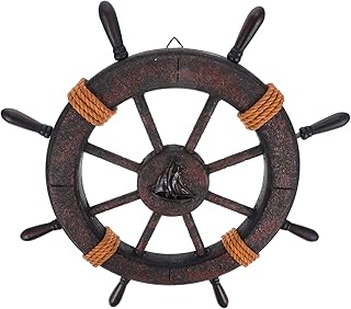 Happyyami Arte Da Parede Náutica Navio De Madeira Roda Decoração Da Parede Volante Do Barco De Madeira Escultura Pendurada Parede Estilo Mediterrâneo Ornamento Para Decoração De Casa De