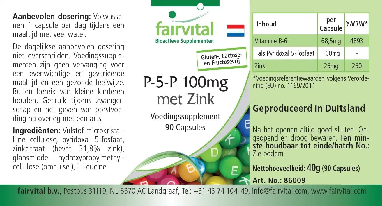 fairvital Pyridoxal-5-phosphate 100mg, 270 gélules (90x3), vitamine B6 active P-5-P avec du zinc, HAUTEMENT DOSÉE & VÉGÉTALIENNE