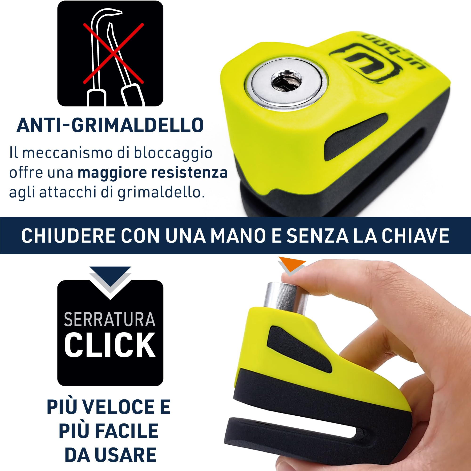 URBAN UR955Y Blocca Disco per Moto Universale, Sicurezza Compatta ed Efficace, Antifurto Moto Più Visibile e Deterrente, Bloccadisco Rapido Click, Lucchetto Bici Monopattino Elletrico, Cavo Promemoria