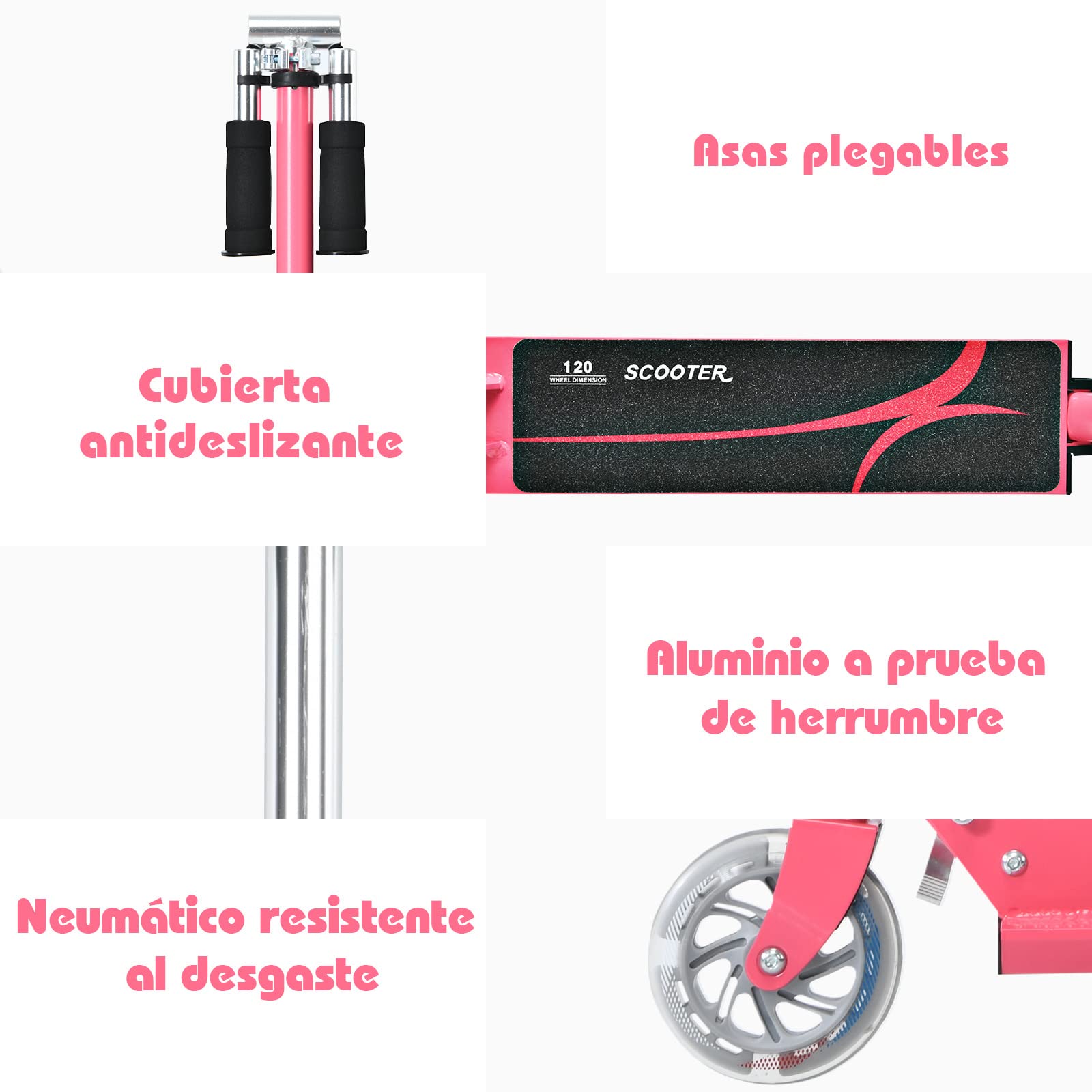 COSTWAY Patinete Niño 4-13 Años Scooter Plegable con Ruedas LED Altura Ajustable hasta 70kg Rosa