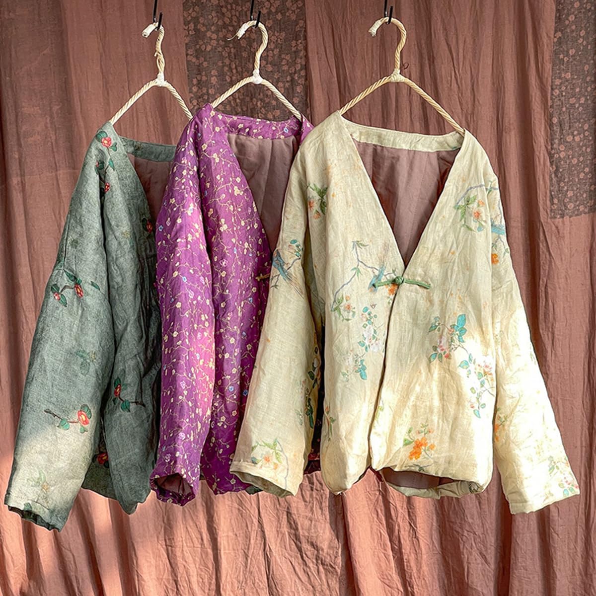 NFYM Women's Lightweight Quilted Kimono Jacket Linen Printed Open Front One Button Vintage Chinese Hanfu Style Outwear
