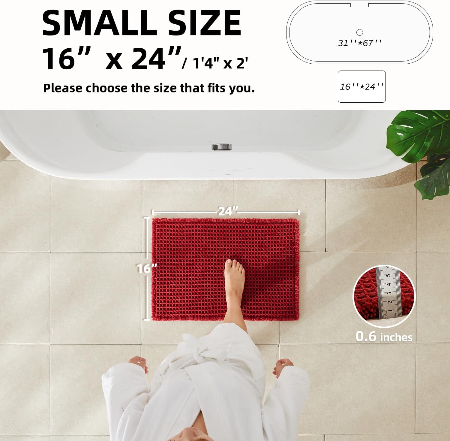 Condition photo showing Good Condition for Waffle Bath Mat, Boho Bathroom Rugs Non Slip Washable Super Absorbent Quick Dry Bath Mat Farmhouse Bathroom Decor, 24"x16" Burgundy