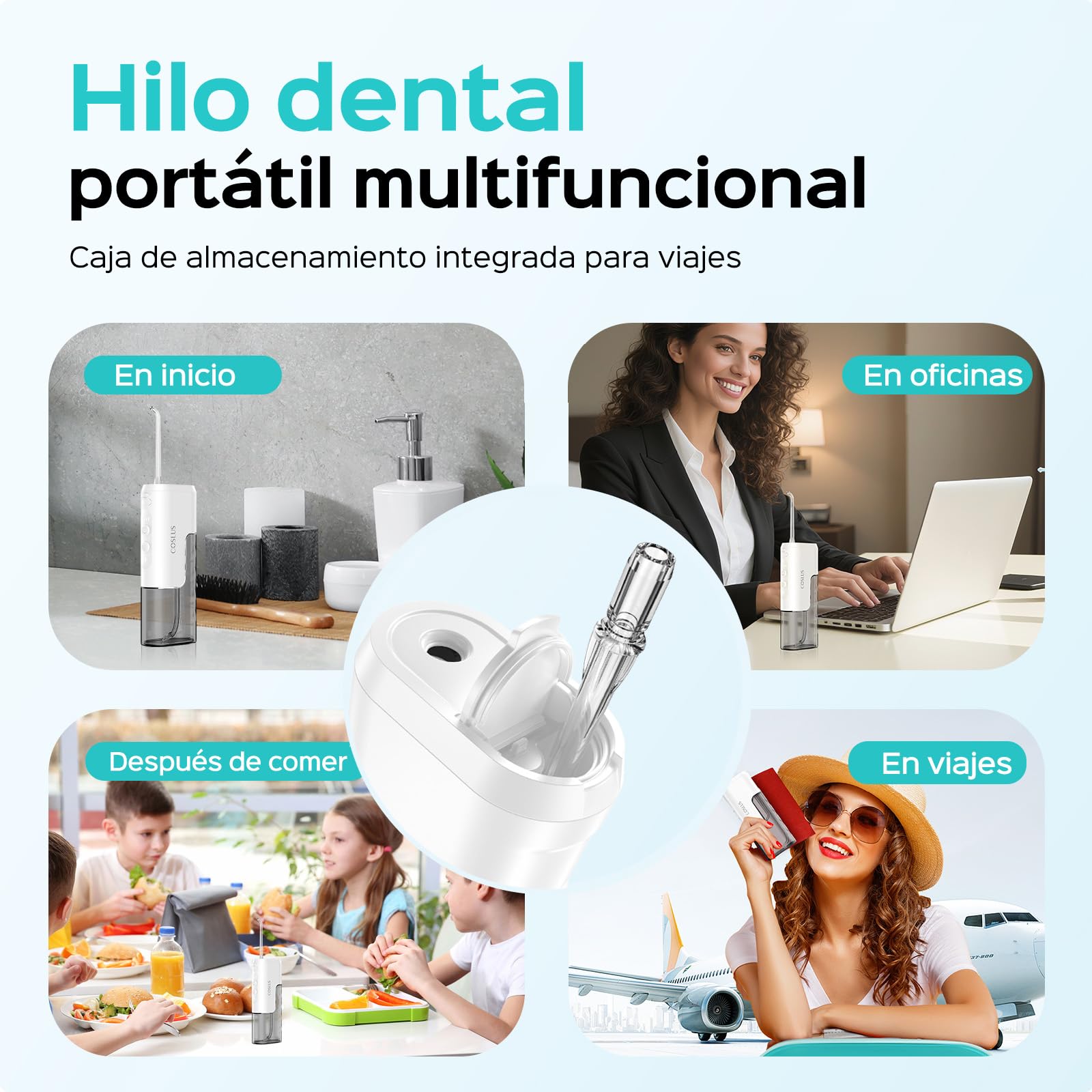 COSLUS T40 Irrigador Dental Portatil Bucal Mini: Diseño Compacto e Inalámbrico, 4 Modos, Depósito Extraíble, IPX7 Impermeable para Ortodoncia, Dientes Sensibles, Uso en Movimiento,Blanco Brillante