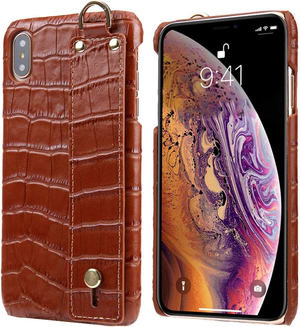 Reginn Wireless Charging Compatible Slim Fit Genuine Leather Case for iPhone Xs Max (Strap Holder, Brown)