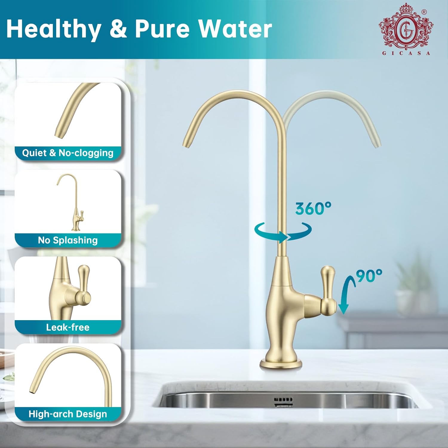 Sink Drinking Water Faucet, Sink Water Filter System, Suitable for Most Reverse Osmosis or Water Filtration Systems, Stainless Steel Reverse Osmosis Faucet for Kitchen Bar, Brushed Gold