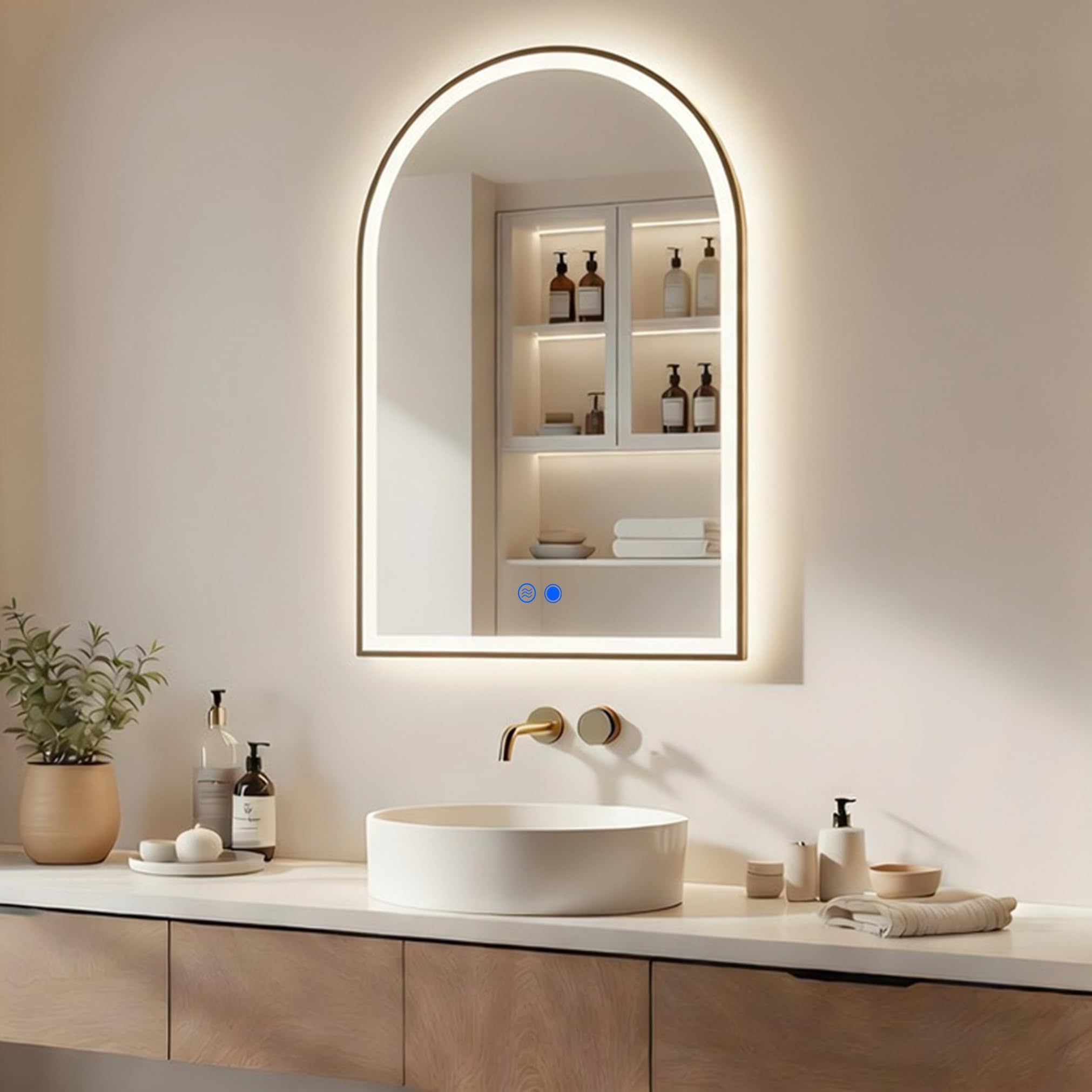 A ARTFORMA Espejo de Baño con luz Iluminación LED, Marco Oro Cepillado – 70x100 cm – Elíptico - Interruptor táctil, Intensidad Regulable 10-100%, Temperatura de Color Regulable, Estera de Calefacción
