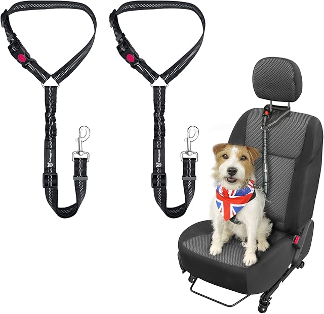 GoDoggy UK Headrest Dog Car Seat Belt - 2 Pack Adjustable Strong Safety Harness for Small, medium and large Pets - with Elastic Waterproof Bungee Buffer Lead