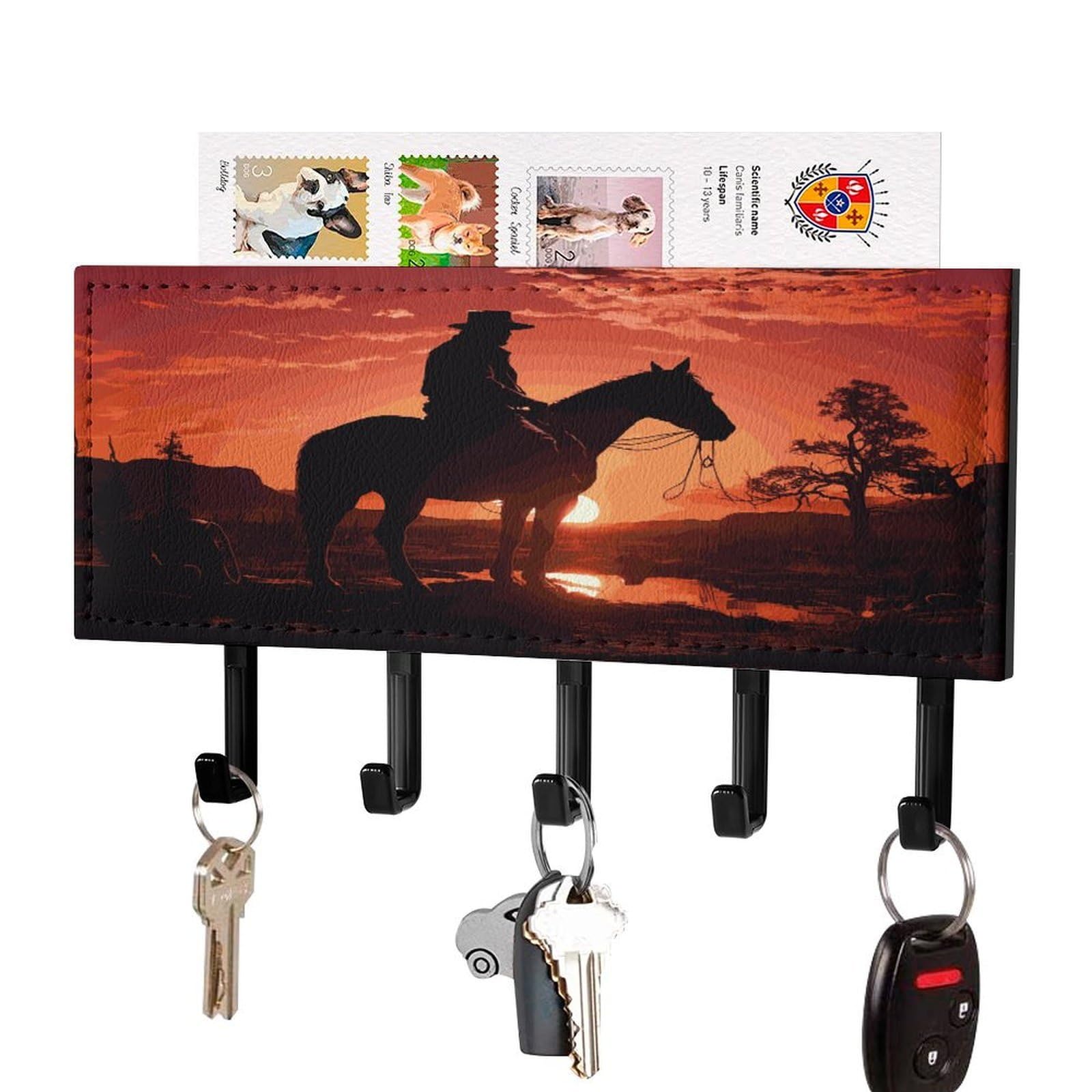 Vstadank Black-Style Cowboy West Key Holder For Wall Decorative Mail Organizer Exquisite Coat Rack Pu Wall Mount Adhesive Keys Rack With Tray&5 Key Hook For Door Hallway Entryway Decor