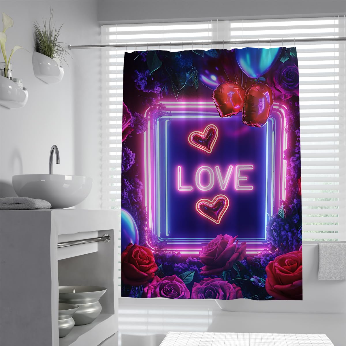 Pop Art Romantische Szene Duschvorhang Liebesherzen Rosenstrauß Lebendige Farben Badevorhang Wasserdichter Polyesterstoff Duschvorhänge 180 x 200 cm