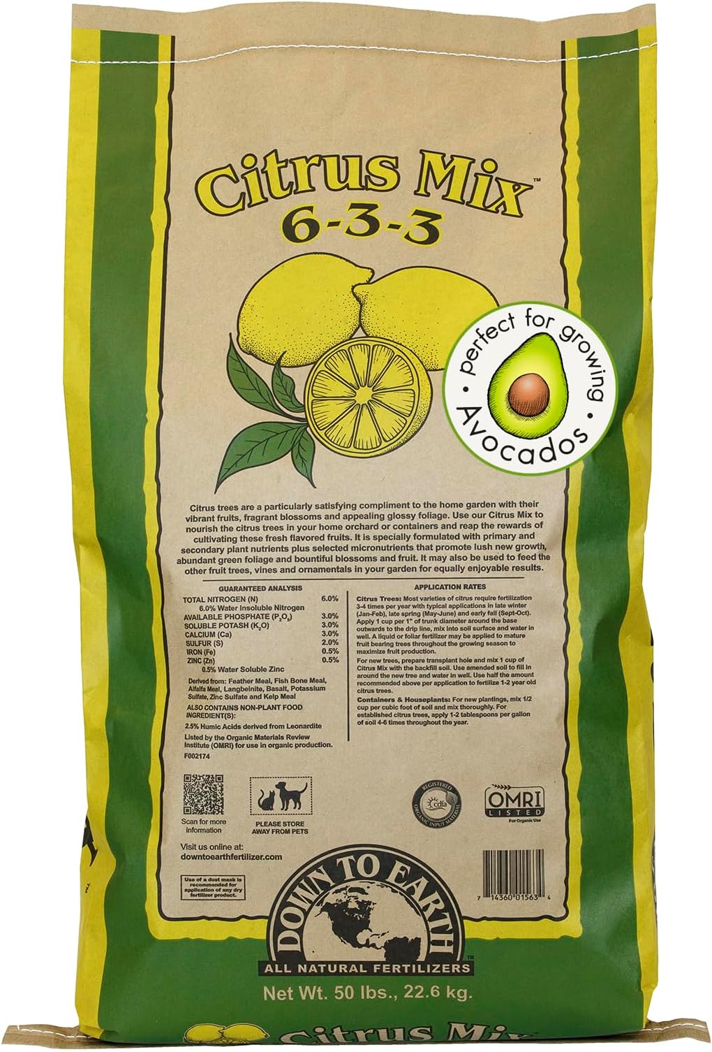 Organic Citrus Mix - Plant Food for Lemons, Limes, Oranges and Avocados 6-3-3, 50 Lb
