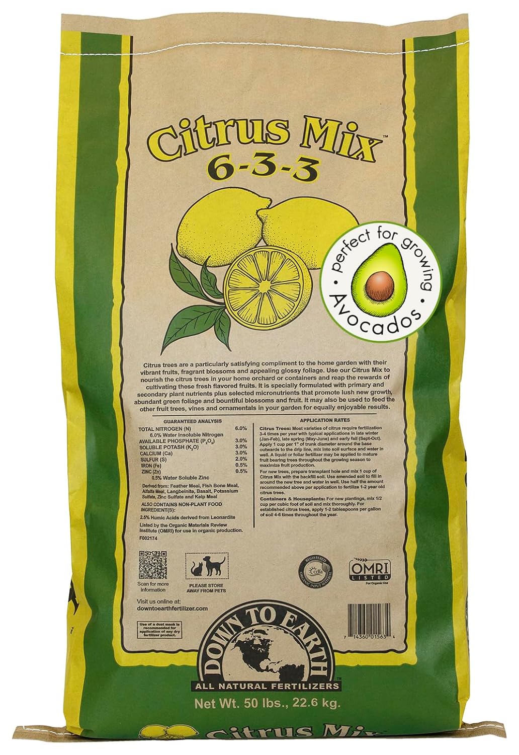 Down To Earth All Natural Fertilizers Organic Citrus Mix - Plant Food for Lemons, Limes, Oranges and Avocados 6-3-3, 50 Lb