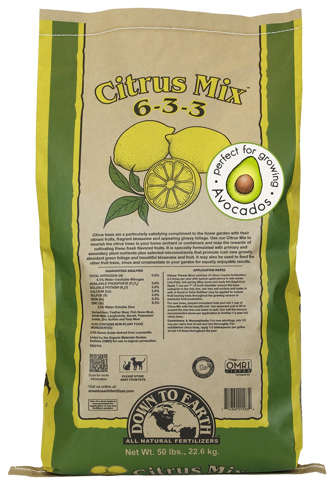 Organic Citrus Mix - Plant Food for Lemons, Limes, Oranges and Avocados 6-3-3, 50 lb