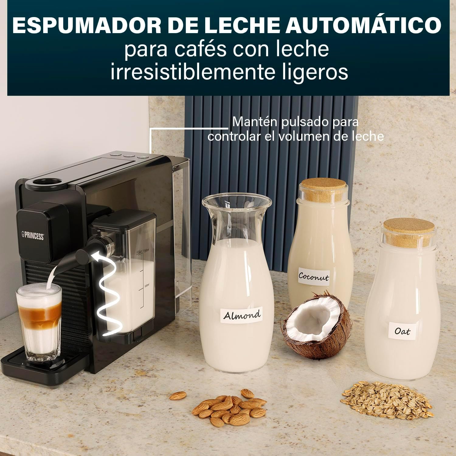 The Princess coffee machine frothing milk into a glass, with various milk types (almond, coconut, oat) shown nearby.