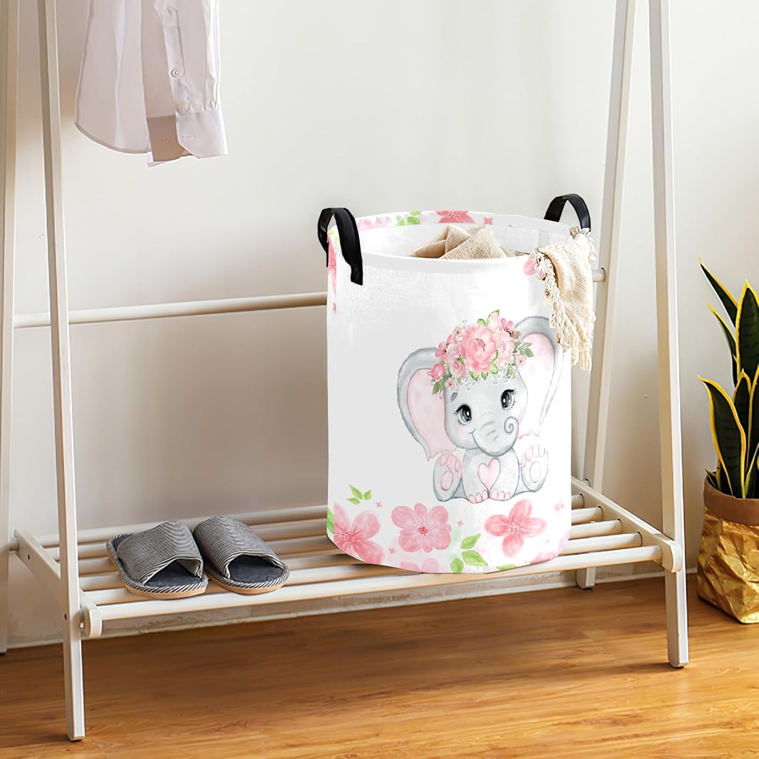 Personalized Canvas Storage Basket,Customized Water-resistant Laundry Basket, Organizer Baskets with Handles,or Clothes Storage,books,Toy,and sundries(Flower Elephant)