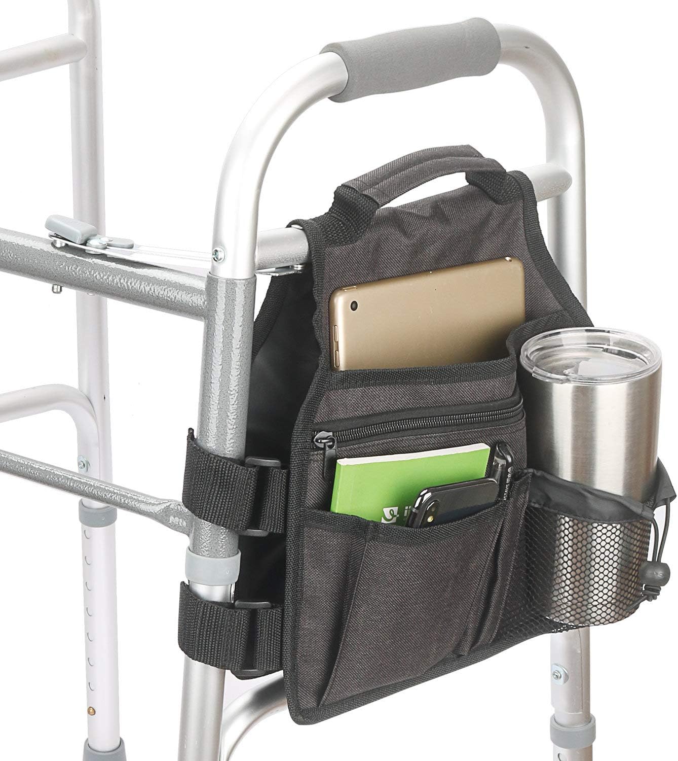 Side Walker Bags,Walker Organizer Pounch for Rollator and Folding Walkers,Walker Side Accessories for Elderly, Seniors, Handicap, Disabled (Double Sided) (Black)