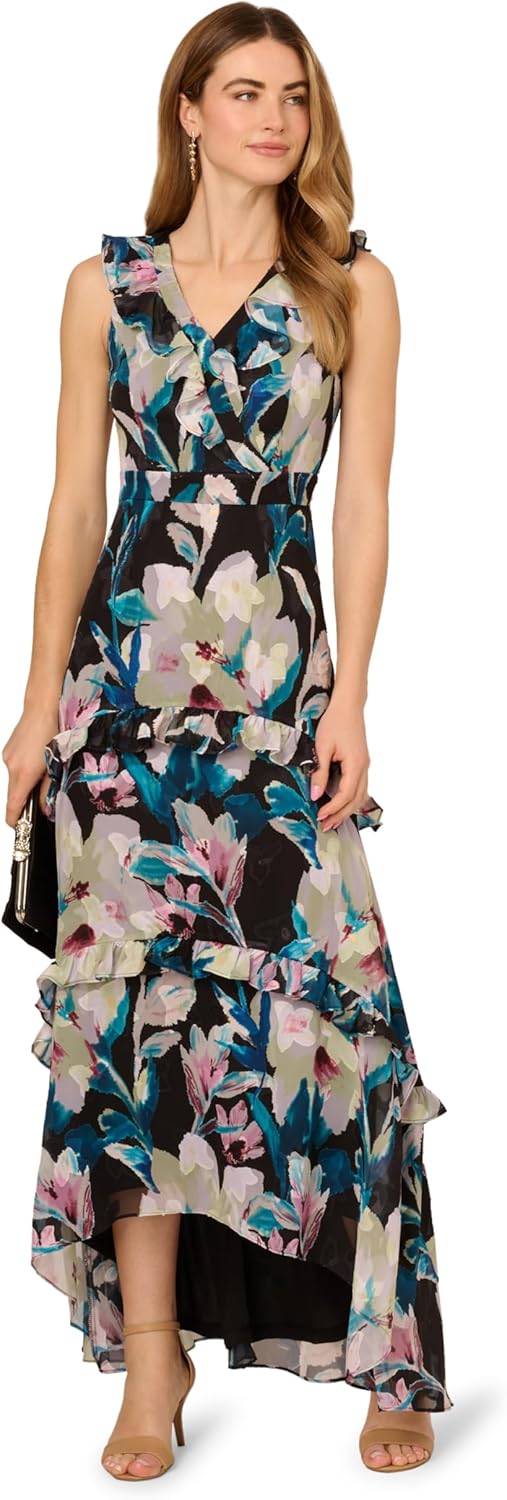 Adrianna Papell Womens Floral Ruffle Chiffon Gown - Image 4