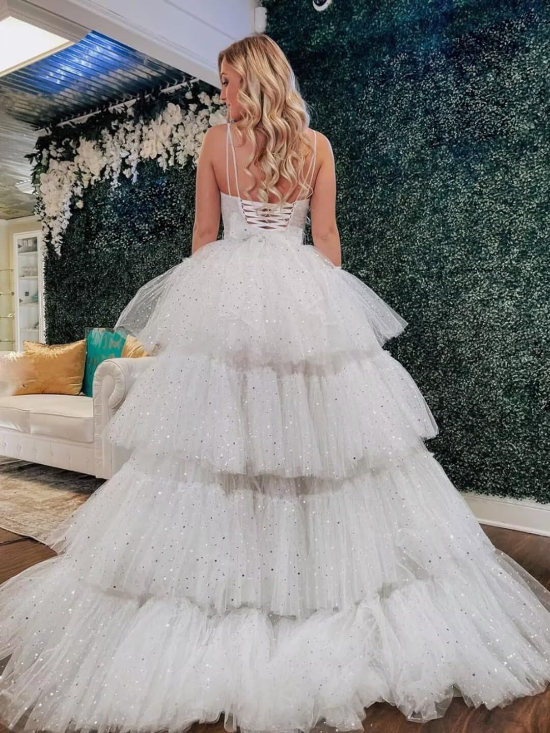 Puffy Sequins Tulle High-Low Prom Dresses for Women 2024, Glitter V Neck Formal Ball Gown Wedding Party Dress