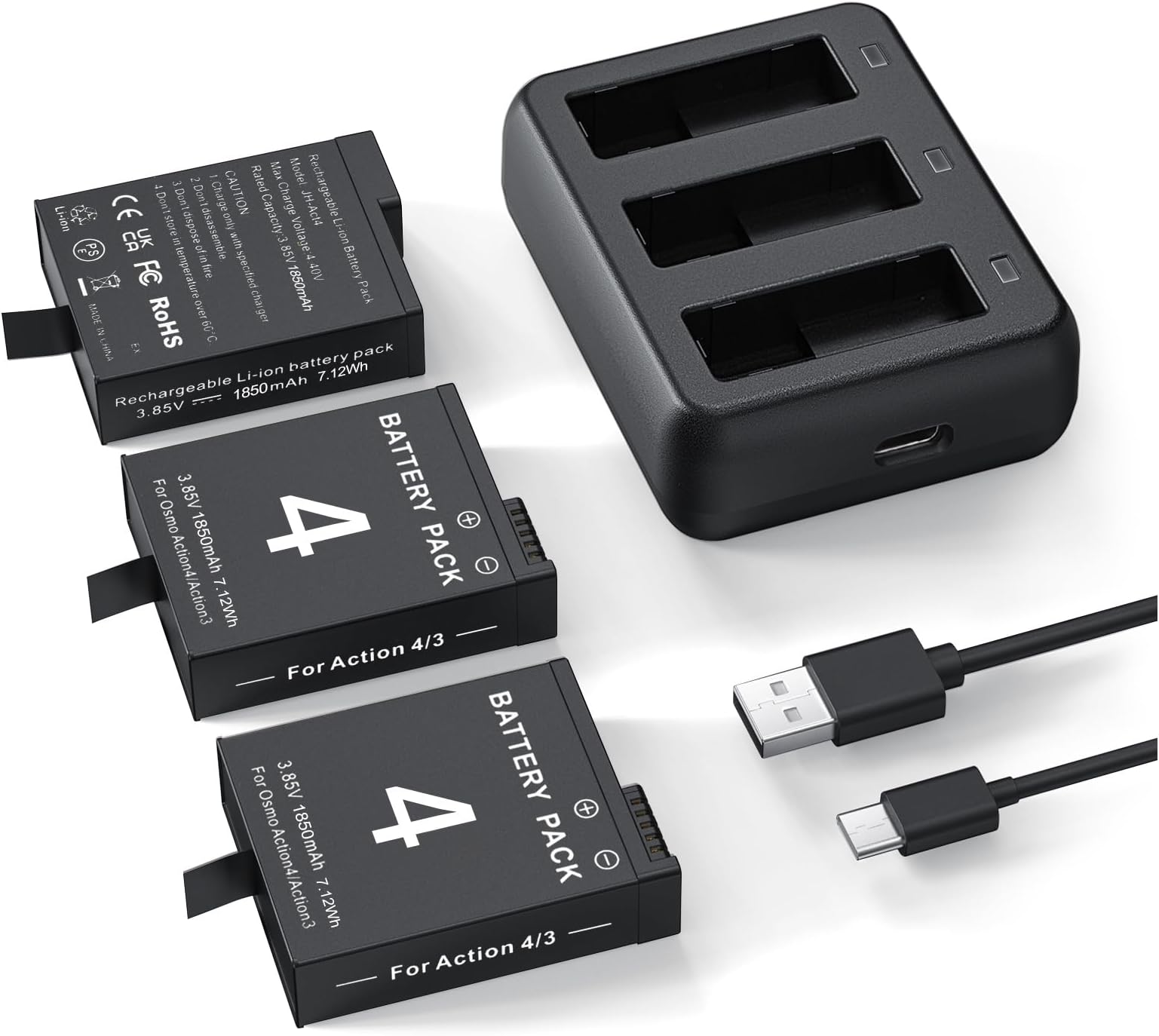 3 Packs Replacement Batteries for DJI Osmo Action 5pro, Osmo Action 4, Osmo Action 3, 1850mAh Rechargeable Battery with 3-Channel Battery Charger, Compatible with DJI Osmo Action 4 3 Accessories