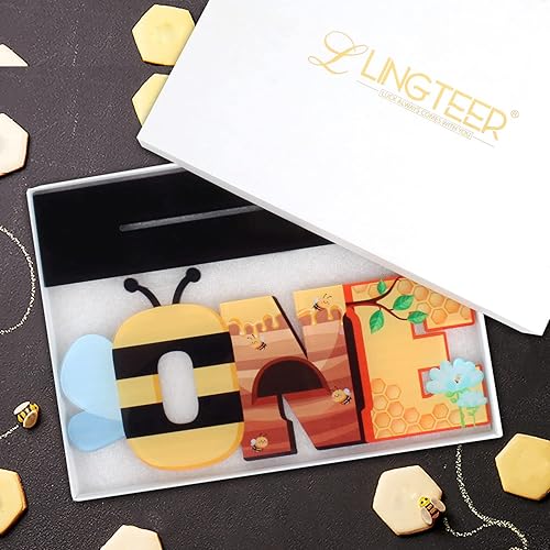 Miniatura 4 de LINGTEER Centro de mesa de acrílico de un cumpleaños, feliz día de la abeja bebé primer cumpleaños, baby shower, decoración de fiesta de foto.