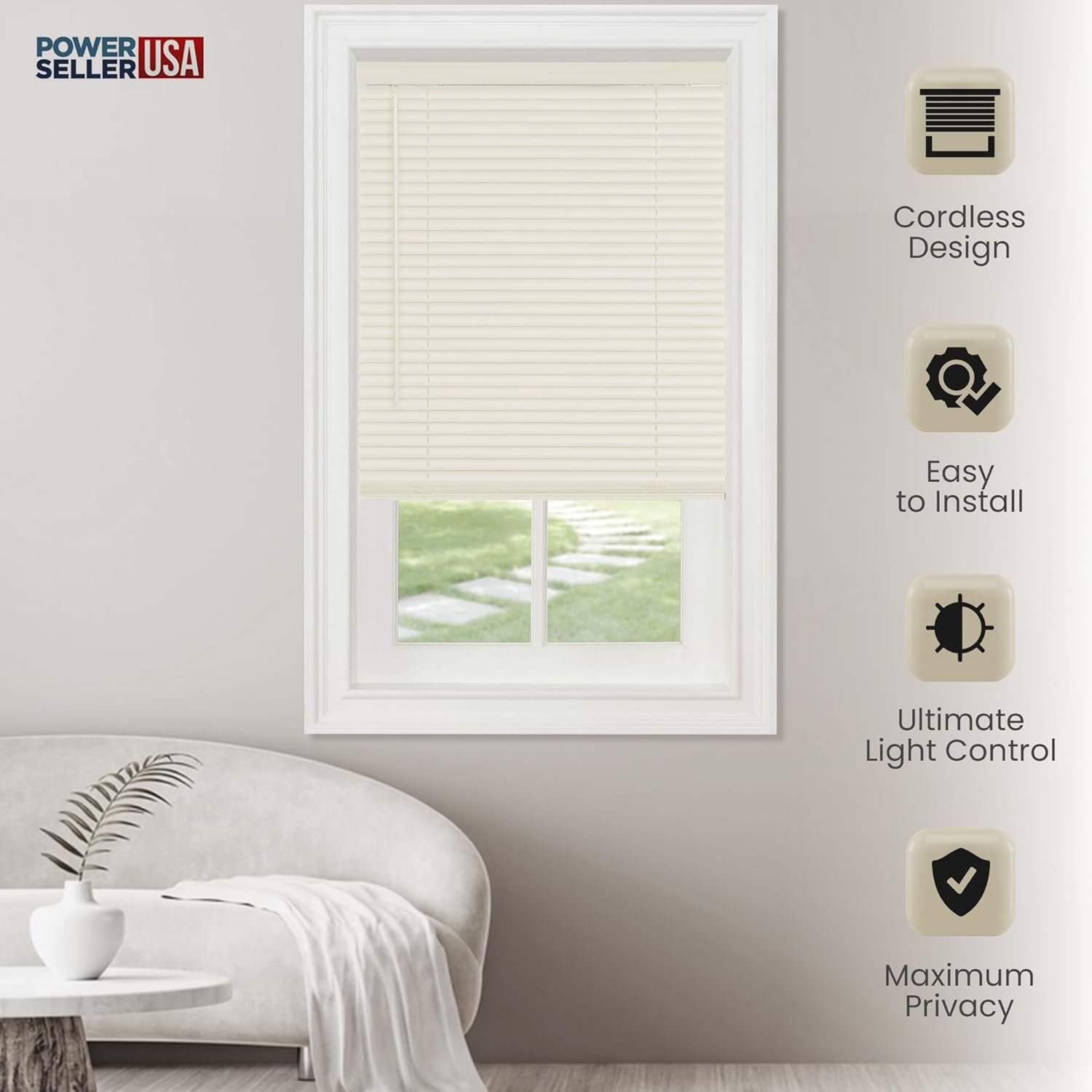 PowerSellerUSA Cordless Window Blinds, Privacy & Light Filtering 1" Slats Vinyl Mini Blind, Anti-UV Window Treatment, Fits Windows 18" - 72", Alabaster, 33" (Width) x 64" (Length)