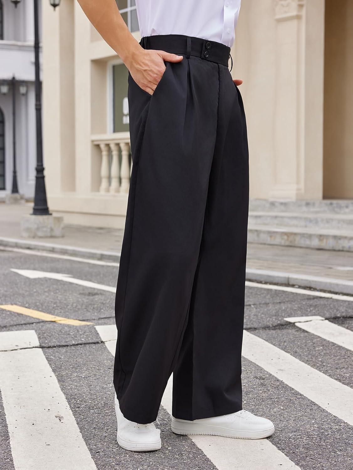 OYOANGLE Men's Pleated High Waist Wide Leg Pants Loose Fit Casual Pants with Pocket - Image 4