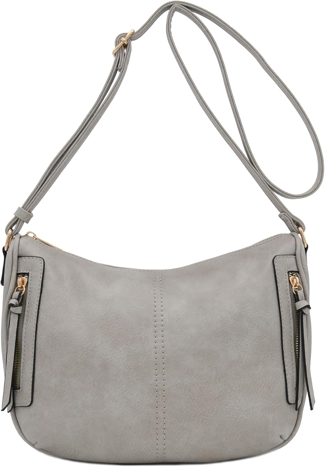 FashionPuzzle Faux Leather Two Front Zipper Pocket Crossbody Saddle Bag (Light Grey) - Image 3