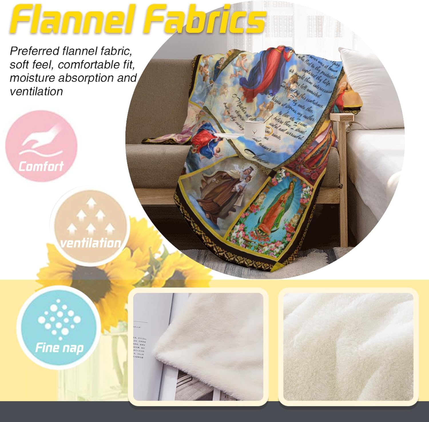 Virgen de Guadalupe Blanket Manta de la Virgen de Guadalupe Women Blanket Prayers Blankets Mary Mother of God Jesus Throw Blankets Cozy Soft for Couch Sofa ​Bed Christmas Decor 60"x50"