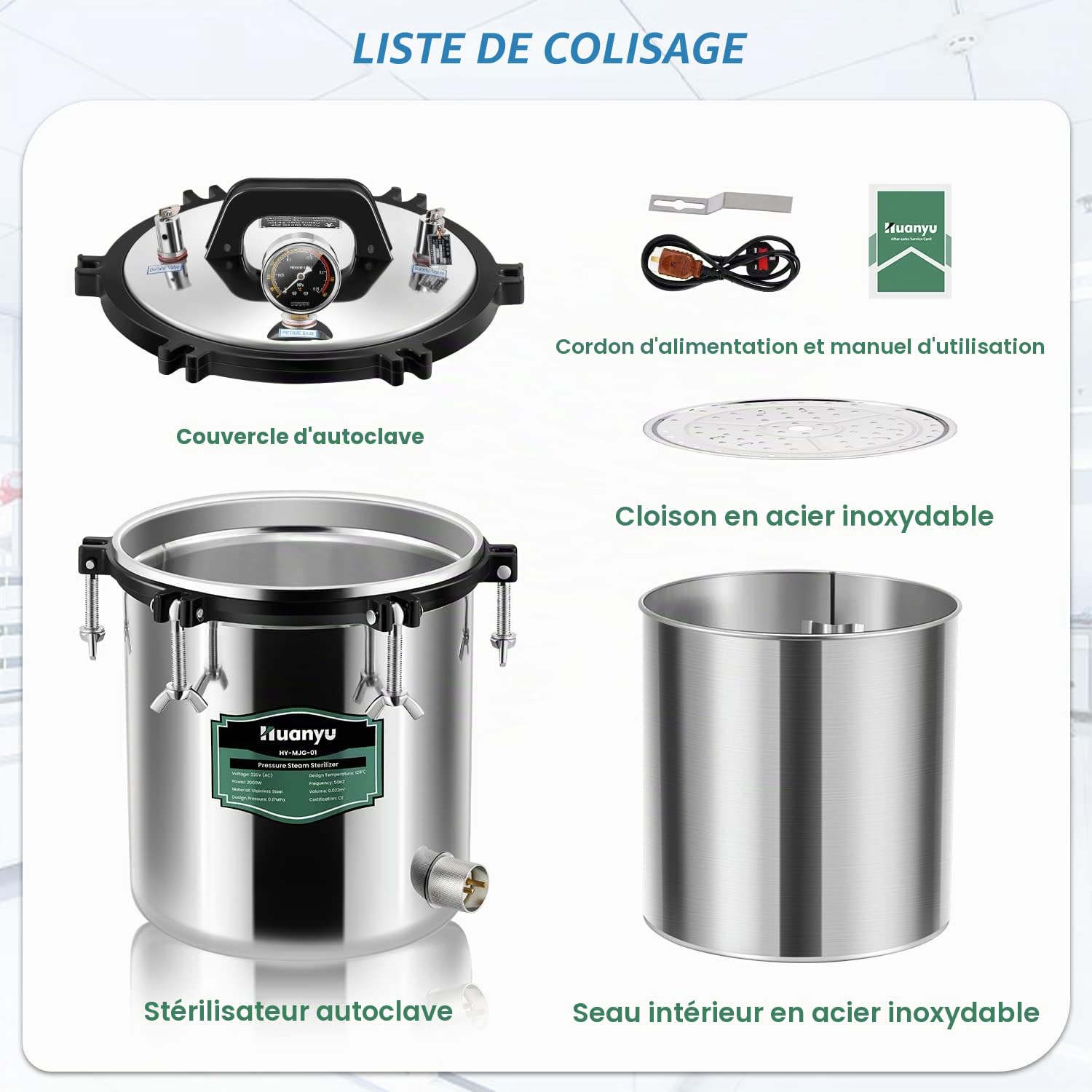 Huanyu Autoclave 18L avec soupape de dégonflage et soupape de sécurité Stérilisateur électrique à vapeur Stérilisateur à vapeur haute pression anti-brûlure à sec pour laboratoires et universités