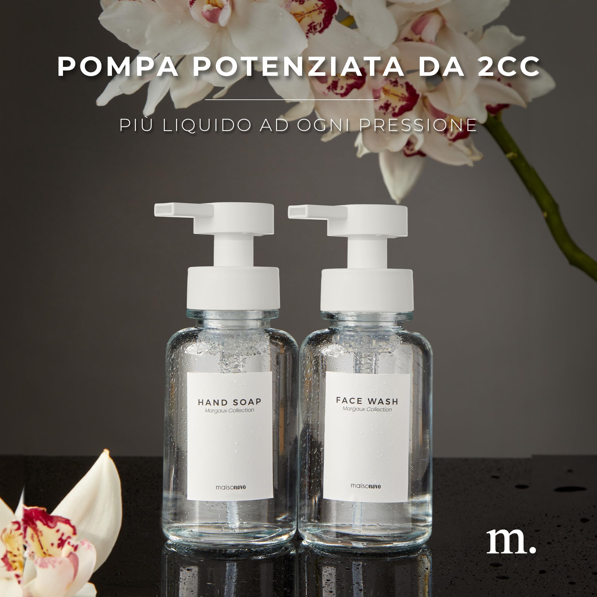MaisoNovo Dispenser di sapone schiumogeno in vetro da 400 ml | Dosatori in plastica bianca e vetro trasparente x 2 | Dispenser Sapone Schiuma