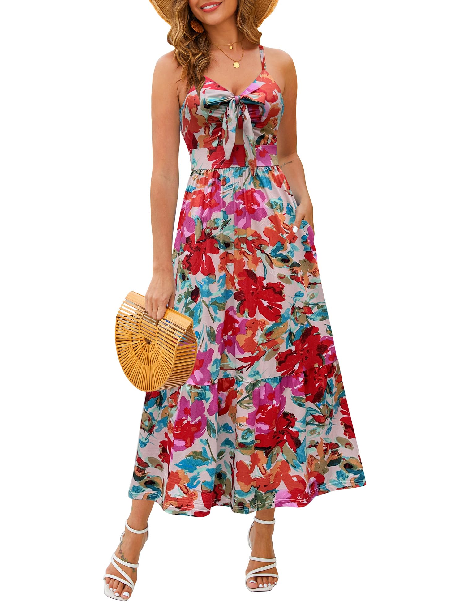 Kranda Women 2026 Summer Sundress High Waist Tie Front Spaghetti Strap Long Beach Floral Tiered Maxi Dress with Pockets