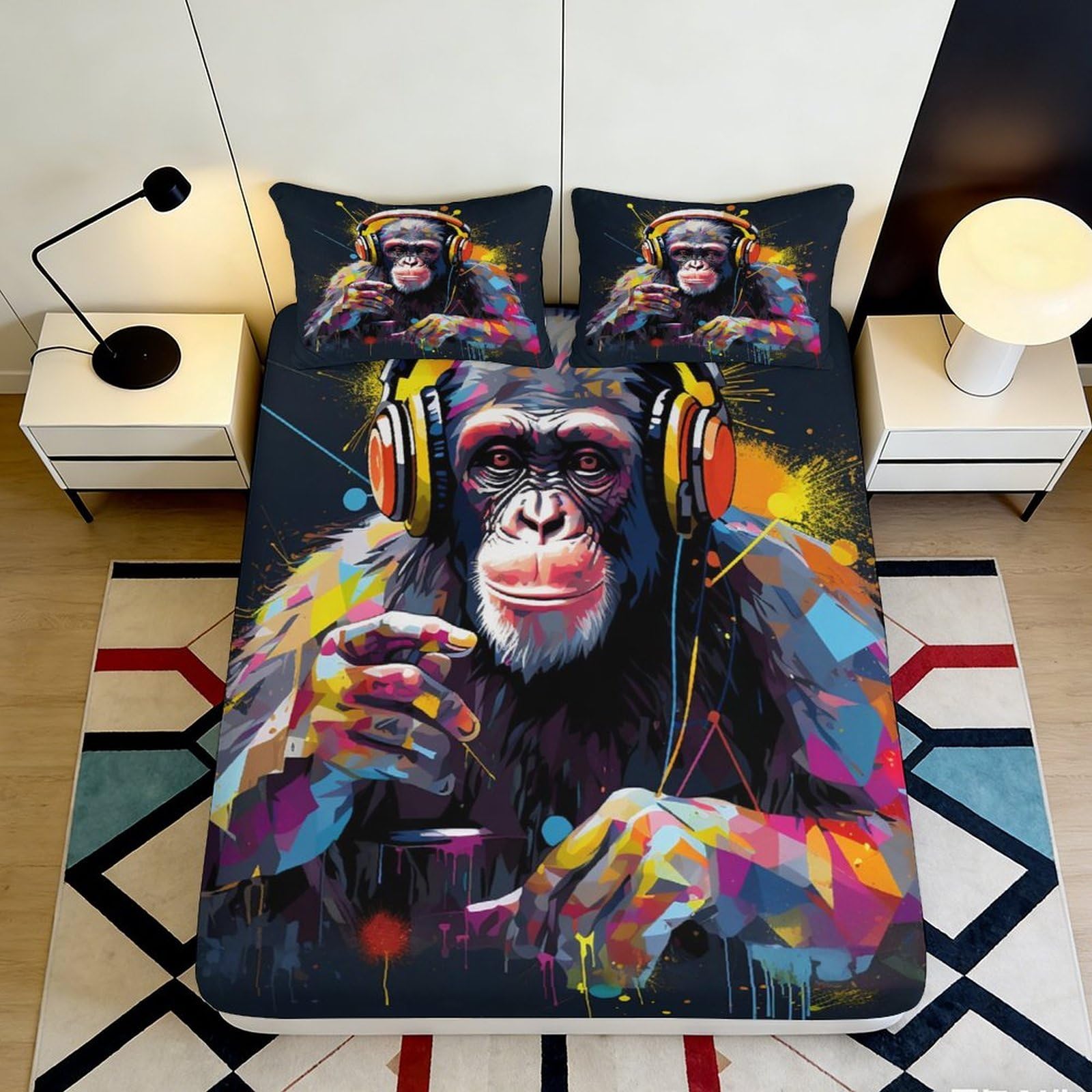 3D Printed Graffiti Monkey Fitted Sheet Microfiber Vibrant Art Bed Cover for Bedroom Guest Room Mattress Decor 90x200x25cm