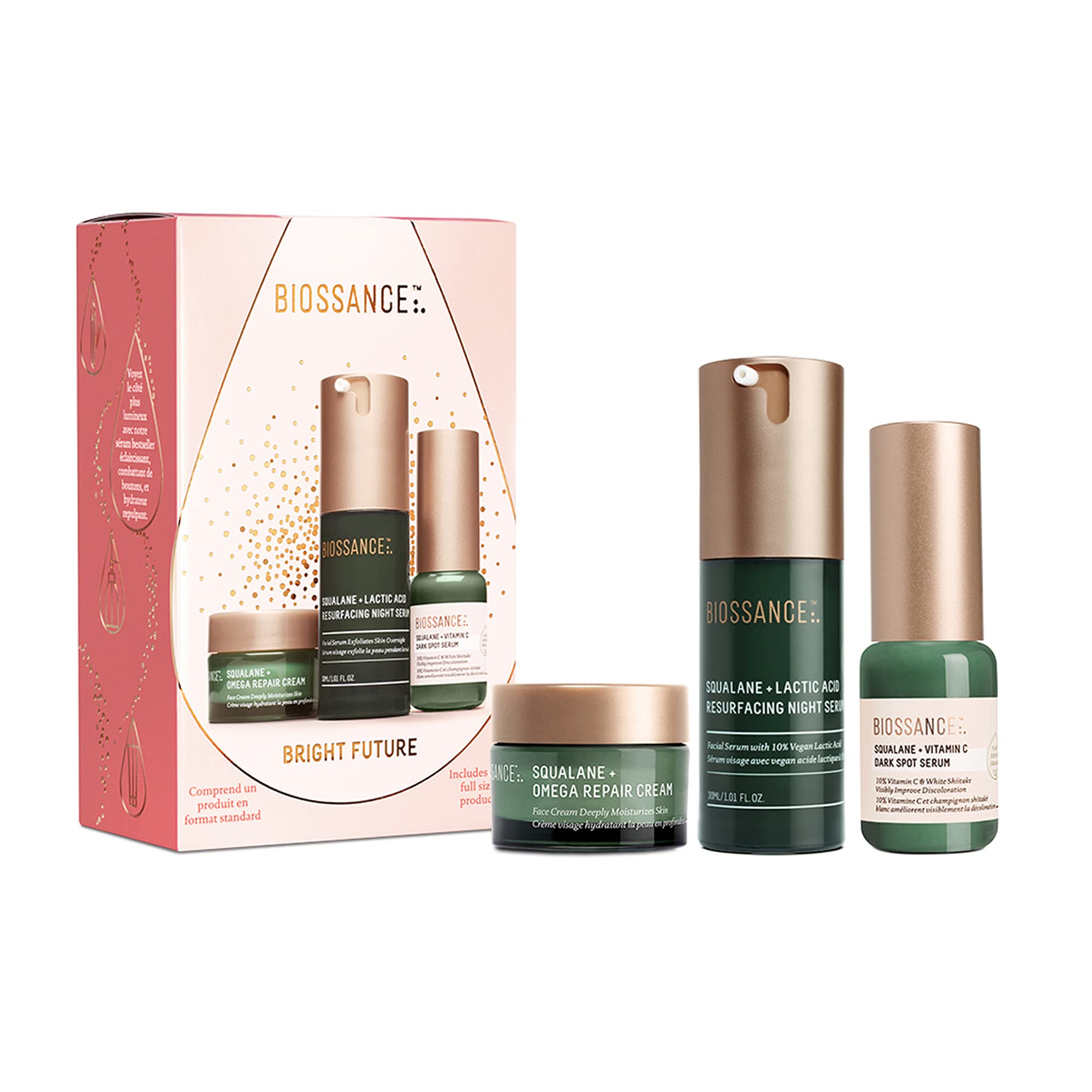 BIOSSANCE Bright Future Set. Full Size Squalane + Lactic Acid Resurfacing Night Serum (1 oz) with Vitamin C Dark Spot Serum (.5 oz) and Omega Repair Cream (.5 oz)