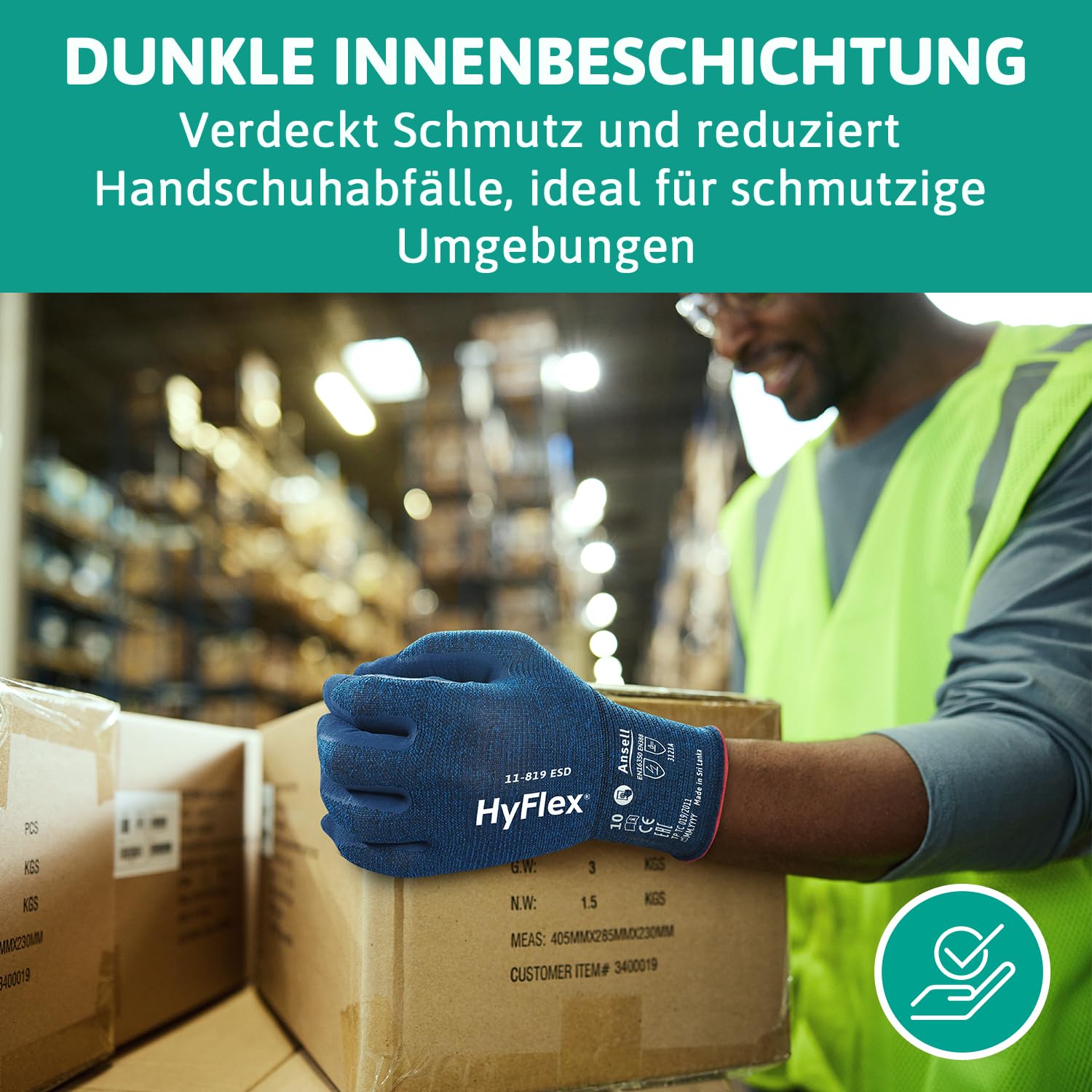 Ansell HyFlex 11-819 Dünne Arbeitshandschuhe, Rutschfeste Nitril-Beschichtung, Schutzhandschuhe vor Elektrostatischen Entladungen, Antistatisch, TouchScreen, Blau, Größe L (12 Paar)