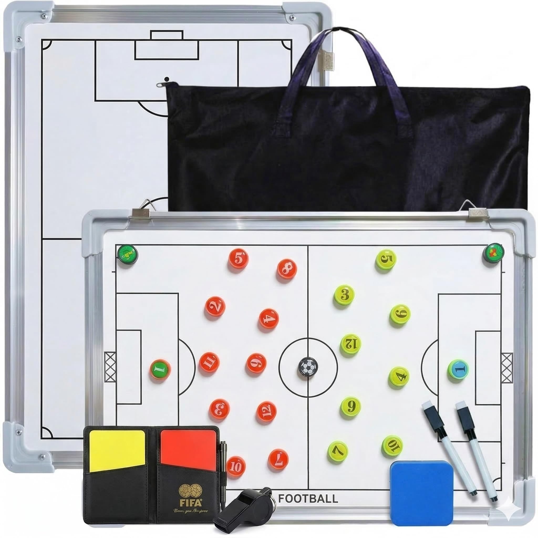 CREADY® Lavagna Allenatore di Calcio 44 x 31 cm, Cartella Tattica per Allenamento, Regali per Allenatori, Lavagna Magnetica Calcio, Lavagna Calcio Allenatore con Schede Magnetiche e Accessori