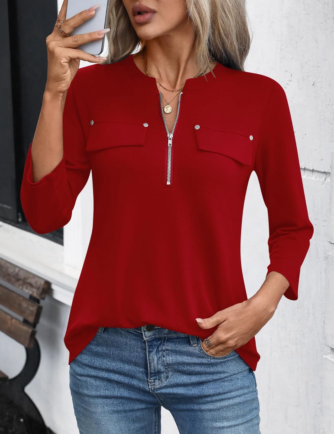 LOMON 3/4 Length Sleeve Womens Tops Business Casual Zip Front V Neck Shirt Loose Fit Work Tunic Blouse - Image 4