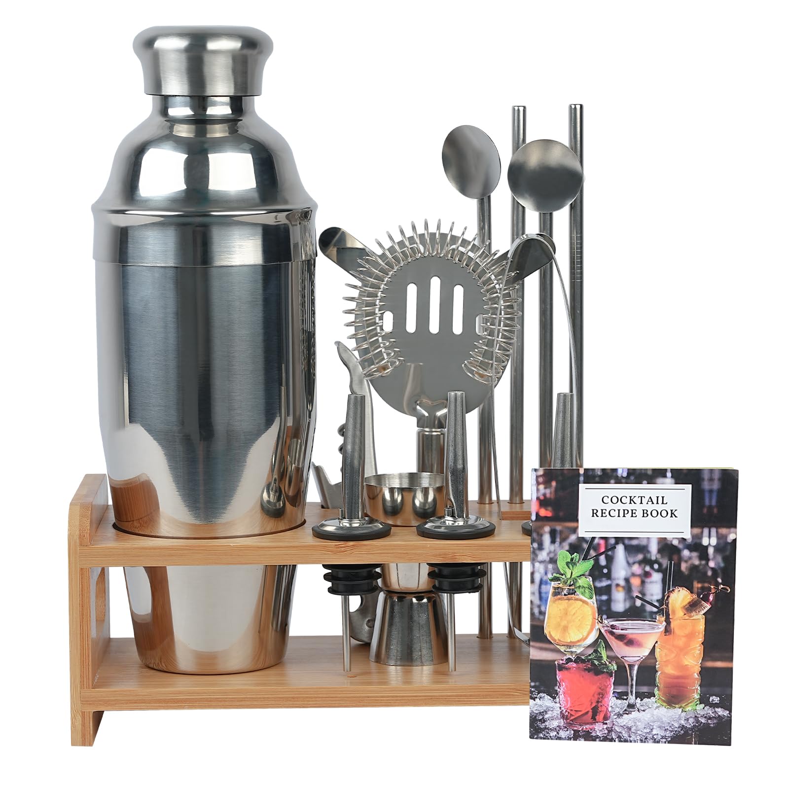 15pcs Cocktail Making Set 720ml Cocktail Shaker with Wooden Display Stand & 22 Recipe Cards Stainless Steel Bartending Kit for Home Bar Mixology Gift Set