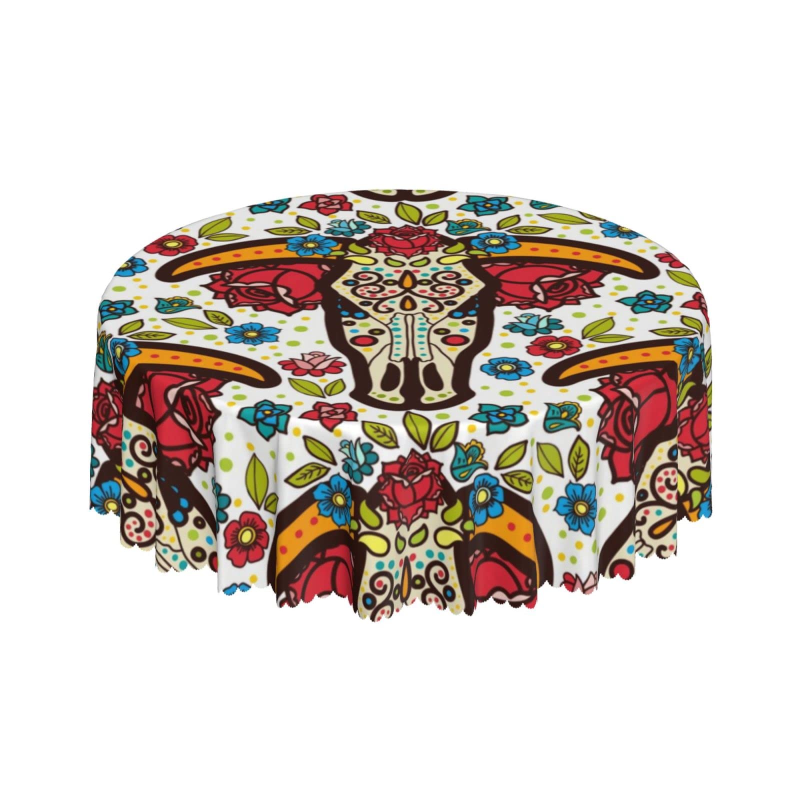 Lsjuee Bull Skull Bohemia Floral Round Tablecloth 60 Inch Printed Washable Tablecloth for Dining Party Holiday Fall Home Decorative