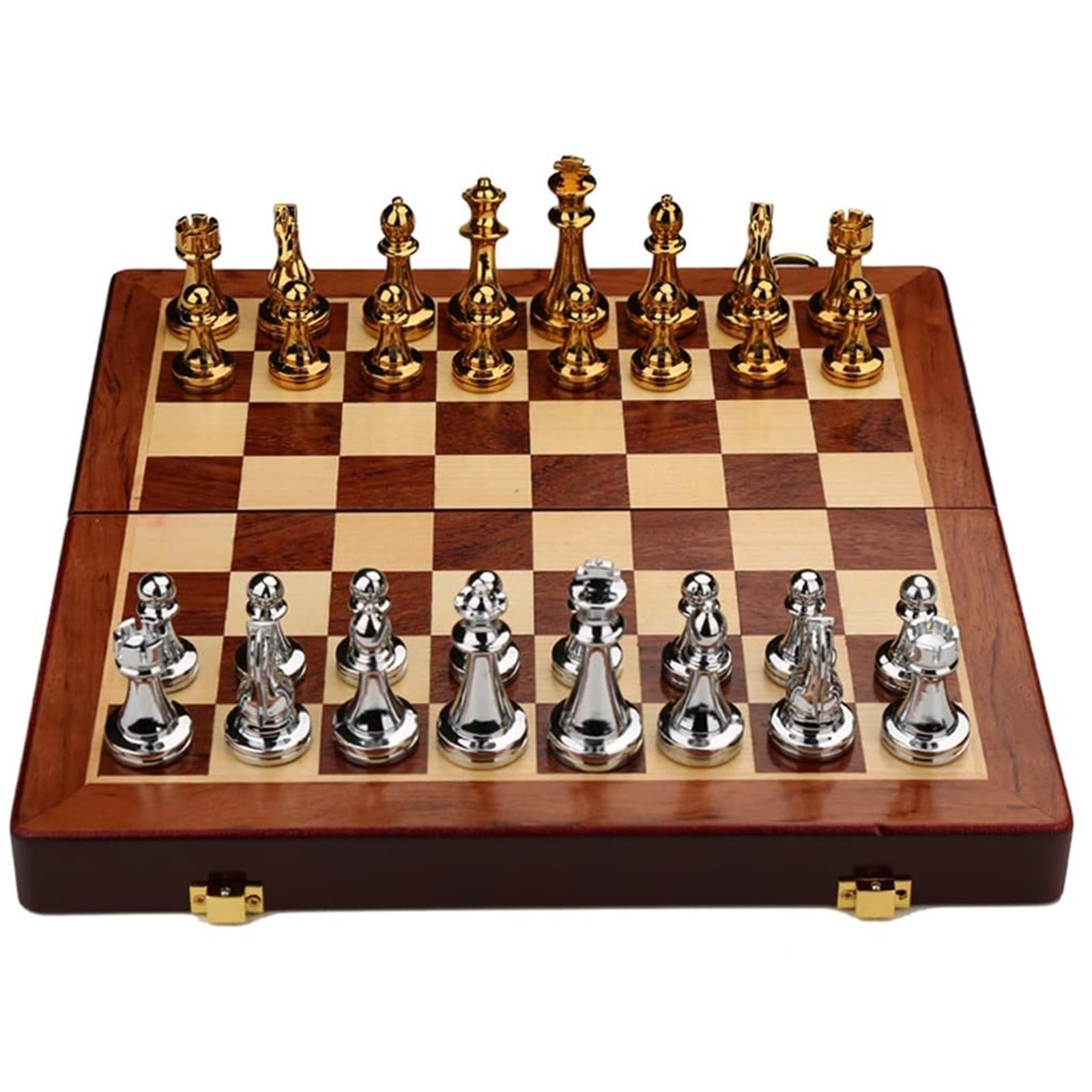 schachspiel Großes, luxuriöses Schachset aus Metall in Einer tragbaren Holzbox mit Figuren aus Einer Legierung und einem klappbaren Brett – ideal for Erwachsene und Kinder.