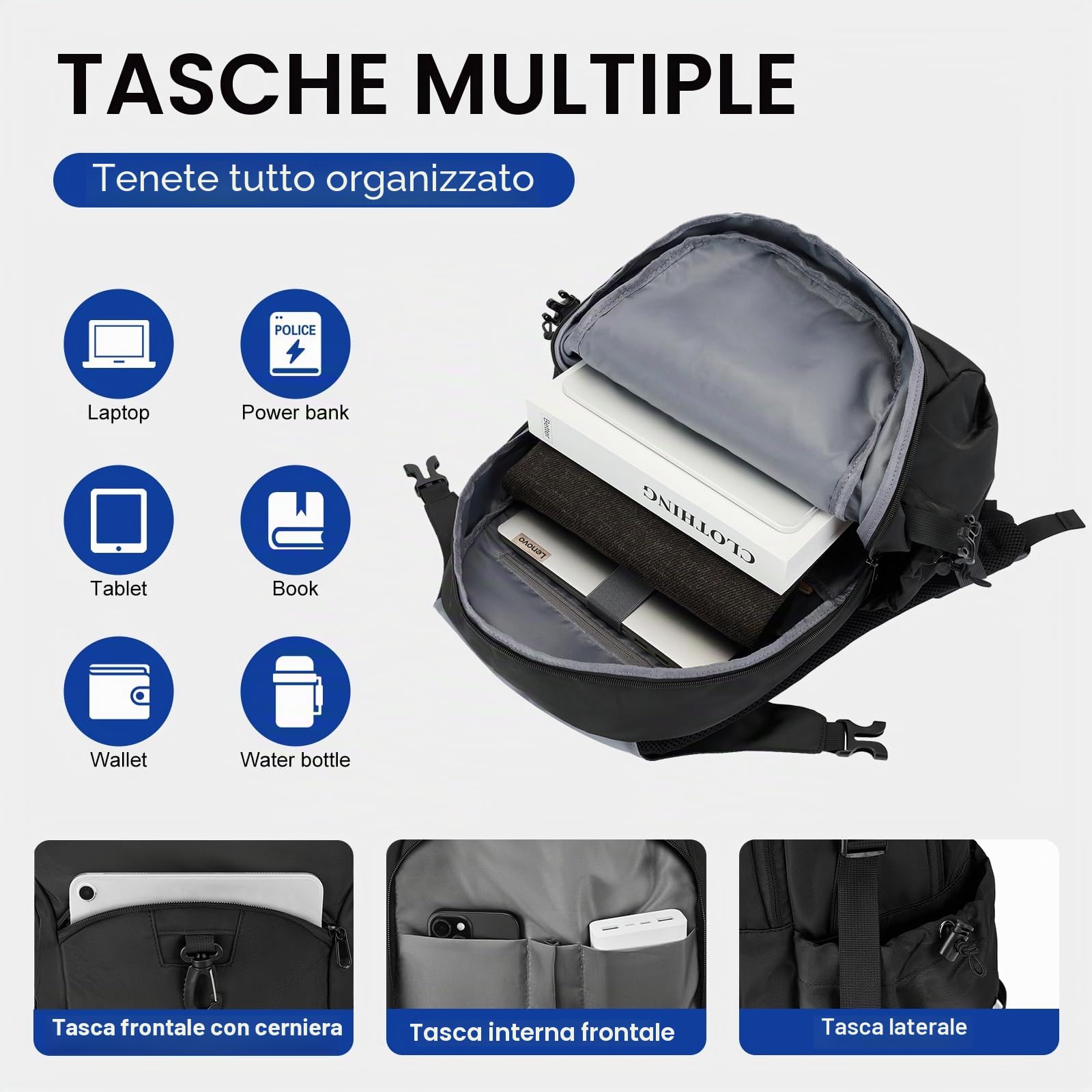 Zaino Per Laptop 32L Per Donna e Uomo Con Ampia Capienza e Tessuto Impermeabile Per Viaggi, Attività All'Aperto e Ufficio(DS07-Black)