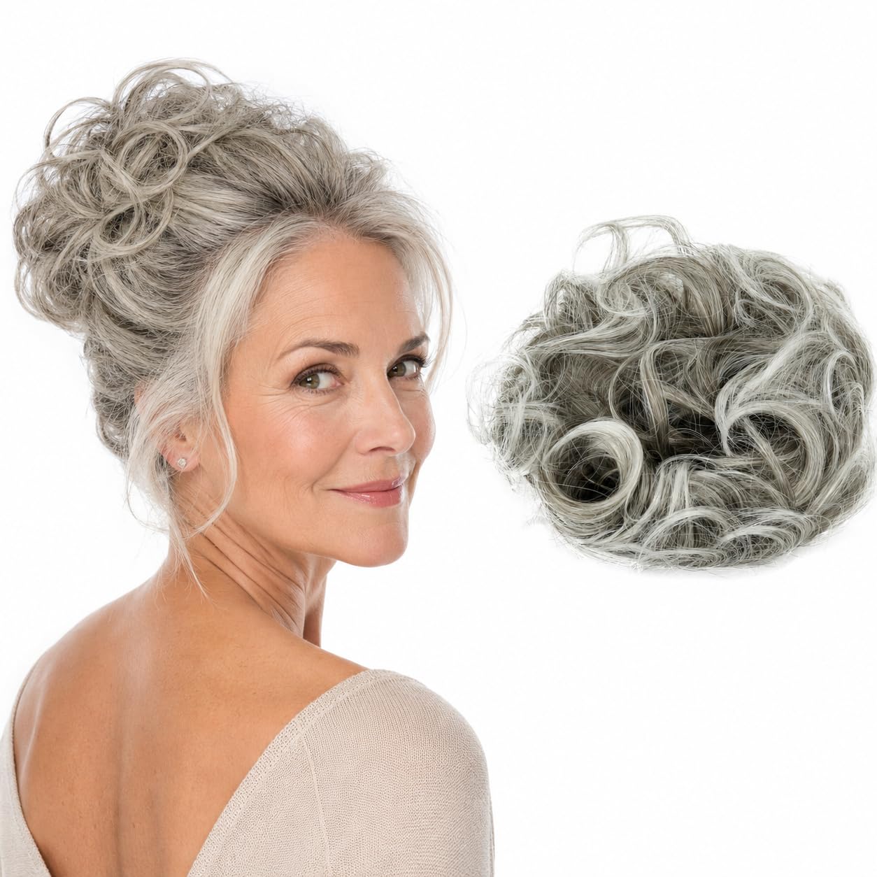 CAISHA Big Hairpiece Scrunchy Updo Bridal Hairstyle curly Messy Bun Gray Mix G19E