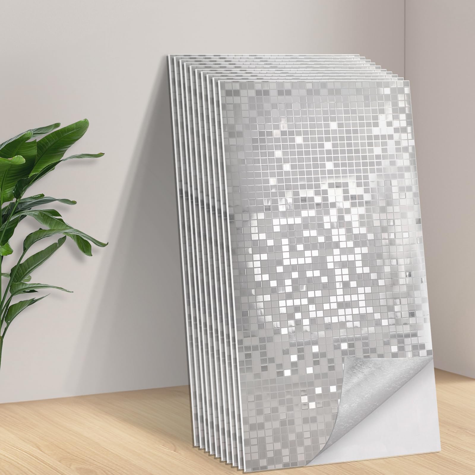 Tarwanear Self Adhesive Tile Stickers 10pcs/60x30cm Peel and Stick Wall Tiles for Kitchen Bathroom PVC Mosaic Silver Wall Stickers Waterproof Reflective Stick on Backsplash for Home Decor — image 1