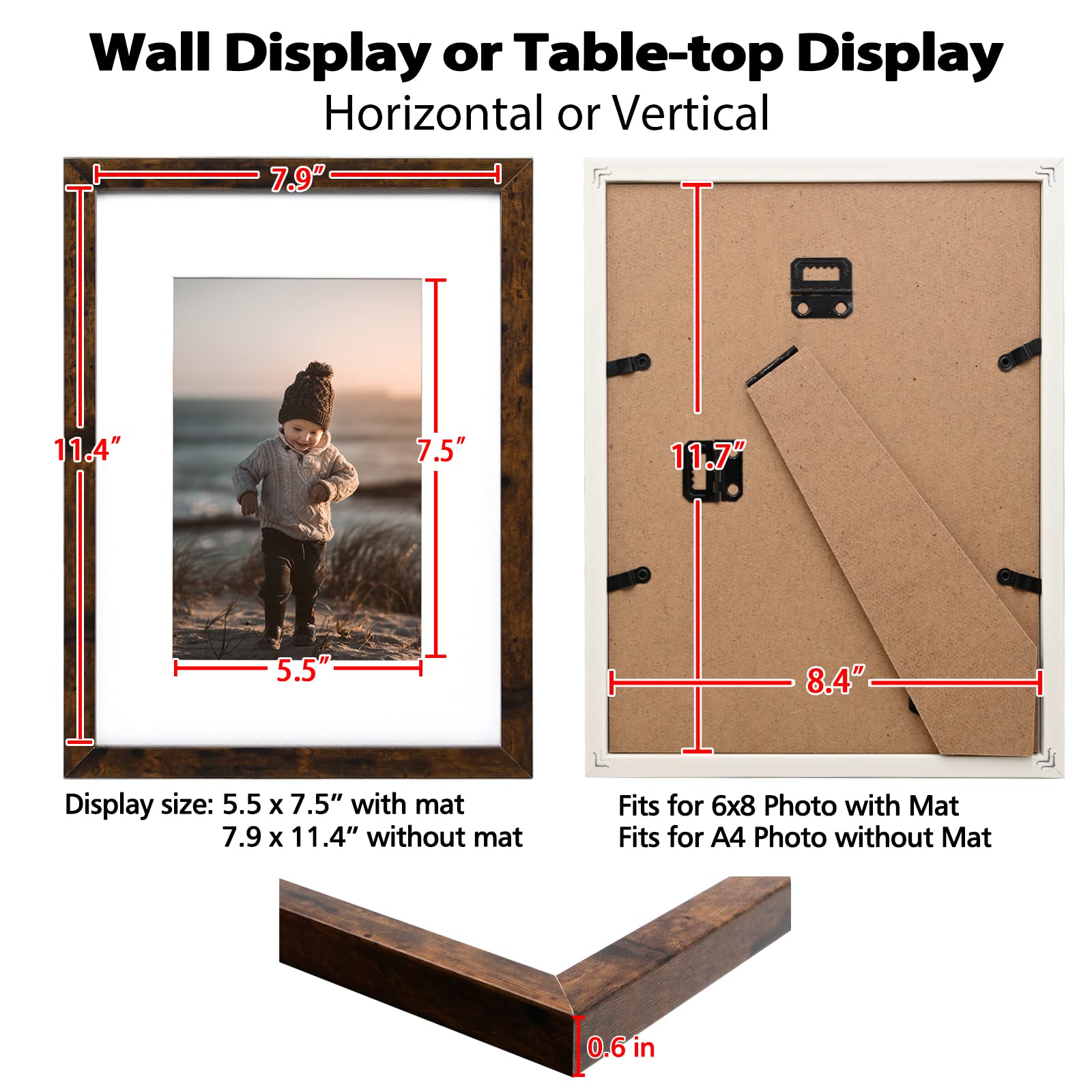 KINLINK A4 Picture Frames Rustic Brown, 8.3x11.7 Photo Frames with Real Glass for Picture 6x8 with Mat or A4 without Mat, Composite Wood Picture Frames for Table Top and Wall Mounting, Set of 4