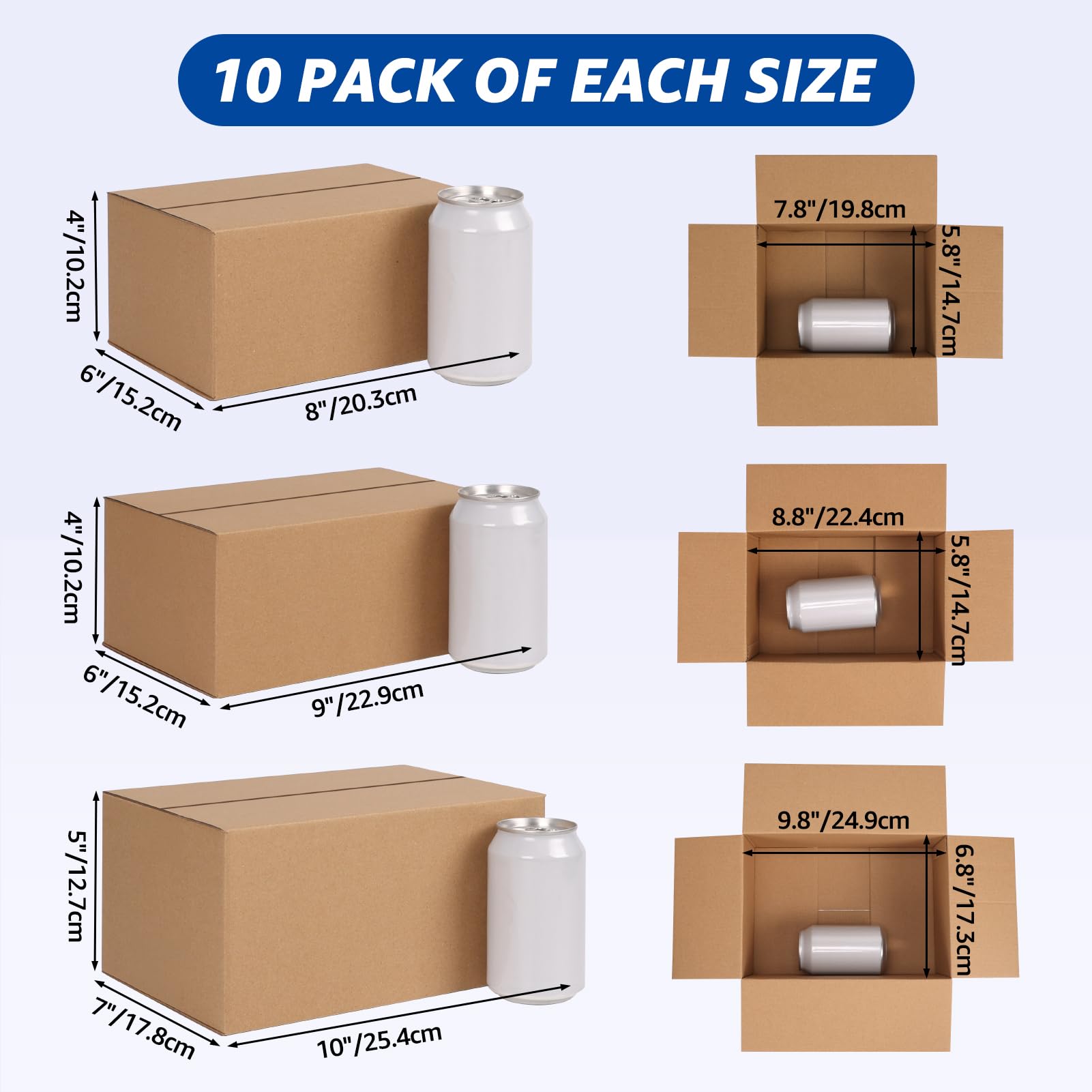 CRUGLA Paquete de 30 cajas de envío de varios tamaños (10 x 7 x 5, 9 x 6 x 4, 8 x 6 x 4), 10 cajas pequeñas para embalaje de pequeñas empresas, envío y almacenamiento