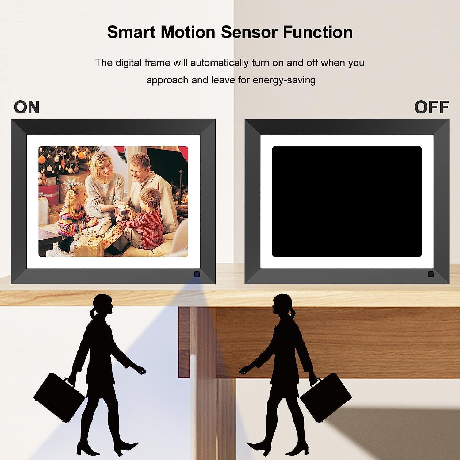 Two digital picture frames side-by-side, one showing a family photo with 'ON' indicating motion detection, and the other black with 'OFF' indicating no motion detected.