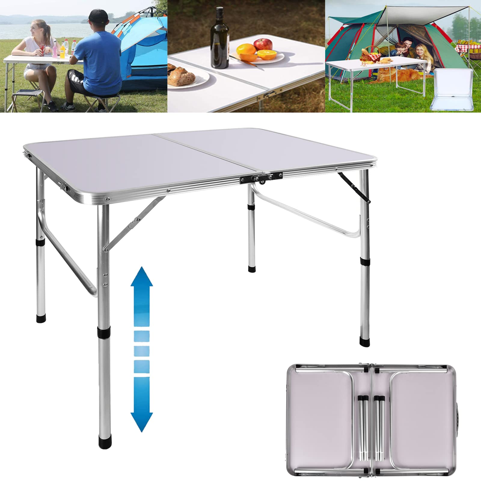 Tavolo Pieghevole Da Campeggio 90 Cm - Altezza Regolabile 37/67 Cm, In Alluminio, Leggero, Con Maniglia, Porta Fino A 150 Kg