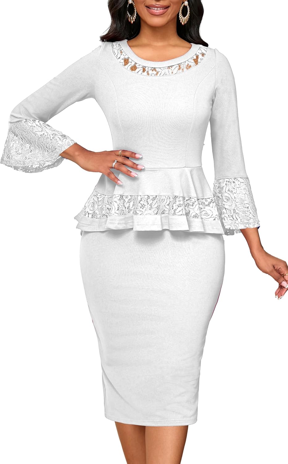 Elegant Dresses for Women Wear to Work Long Sleeve Cocktail Business Knee Length Pencil Lace Dress - Image 3