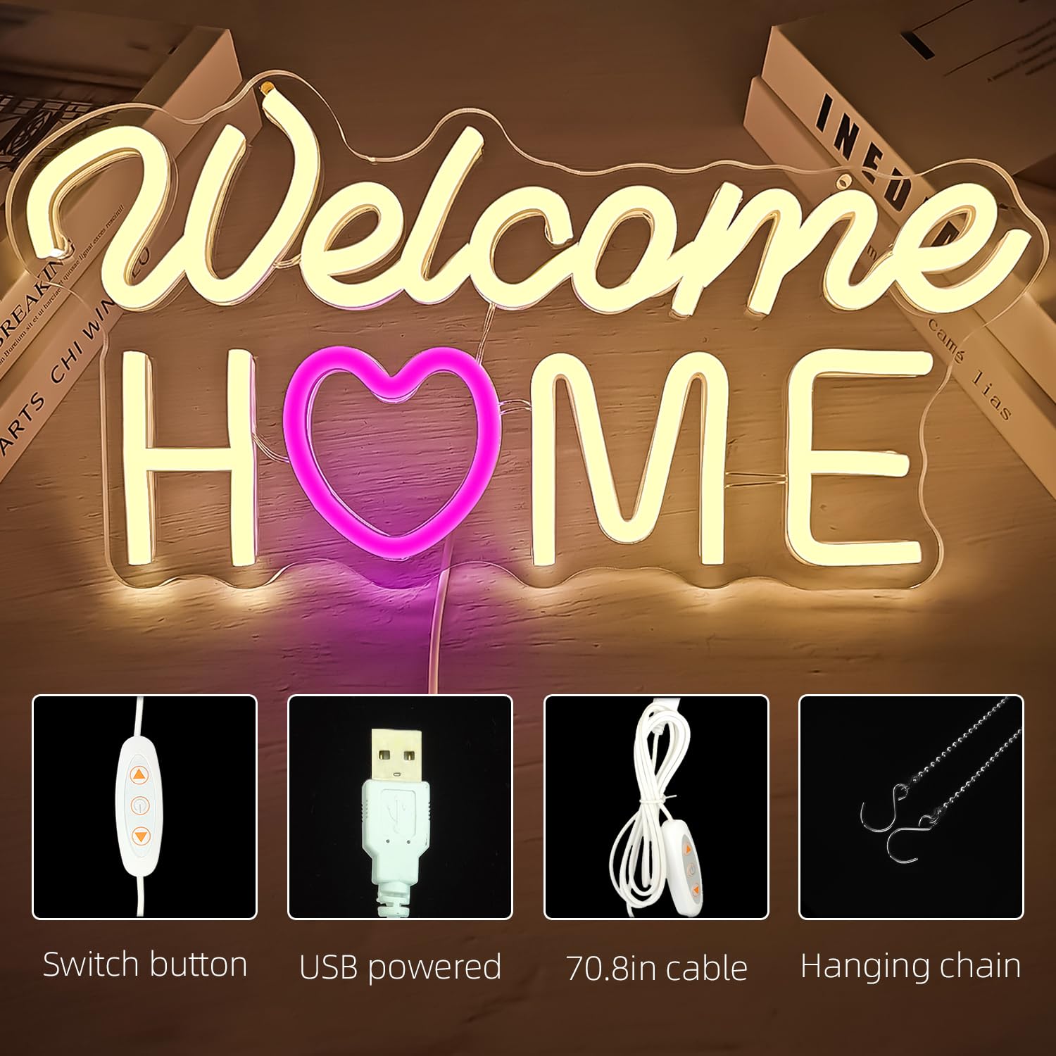 Neonowe znaki "Welcome Home" do dekoracji ścian, neonowe światła, USB, LED, możliwość ściemniania, powitalny znak powitalny do armii wojskowej, powrót do domu, dekoracje na imprezę